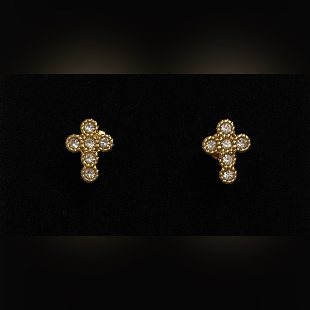 Gold Cross Stud Earrings with Rhinestones